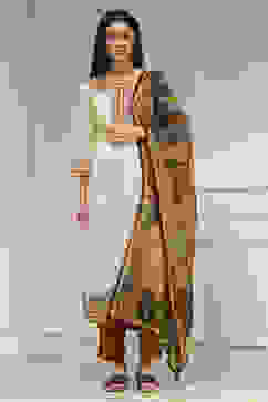 White Cotton Hand Block Print Unstitched Suit Set image number 1