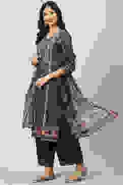 Charcoal Cotton Straight Kurta Slim Pants Suit Set image number 5