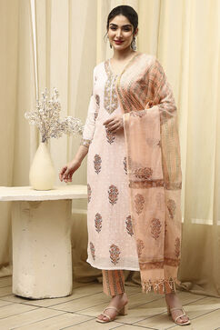 Coral Cotton Hand Block Print Unstitched Suit Set image number 7