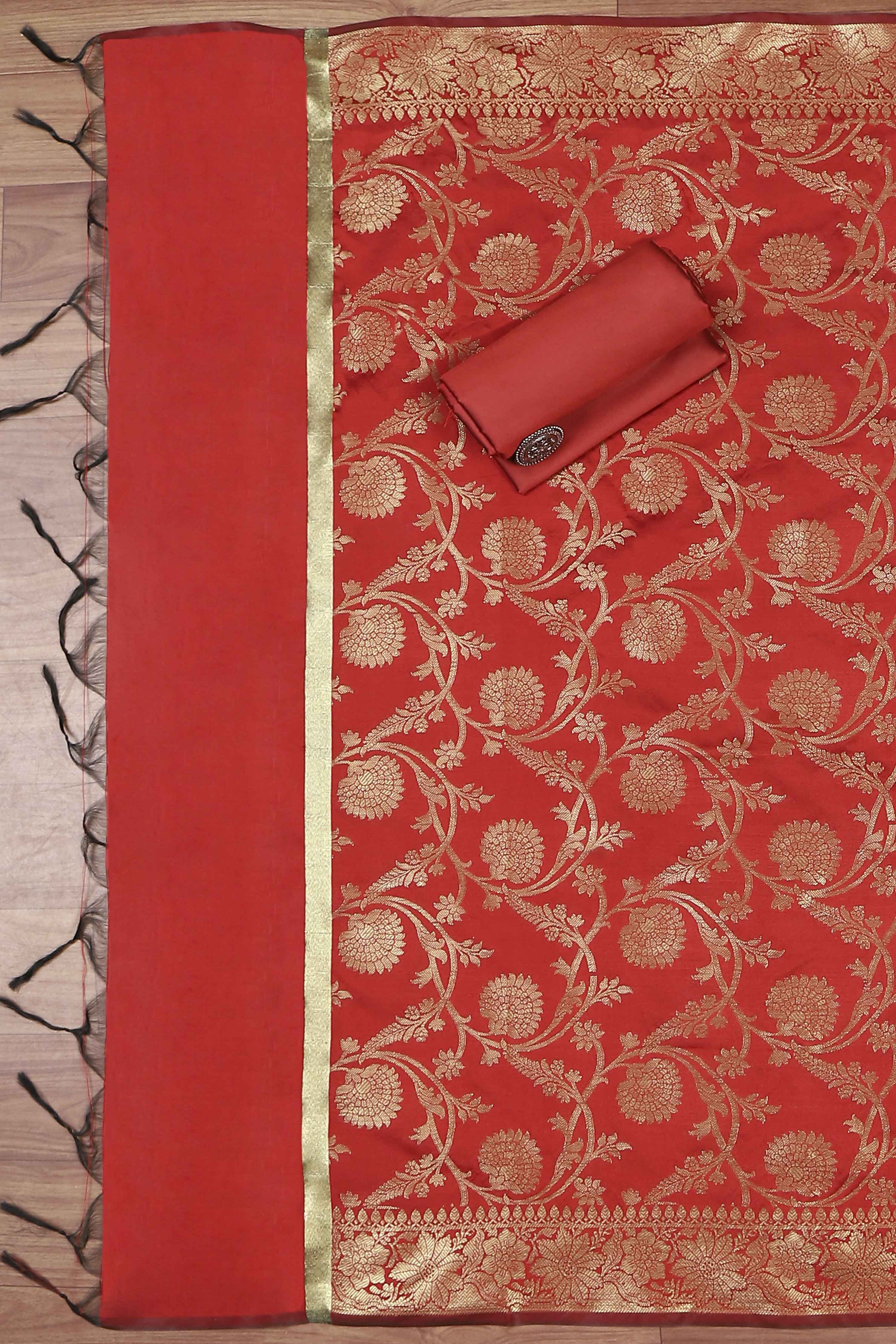 Red Silk Unstitched Suit Set image number 3
