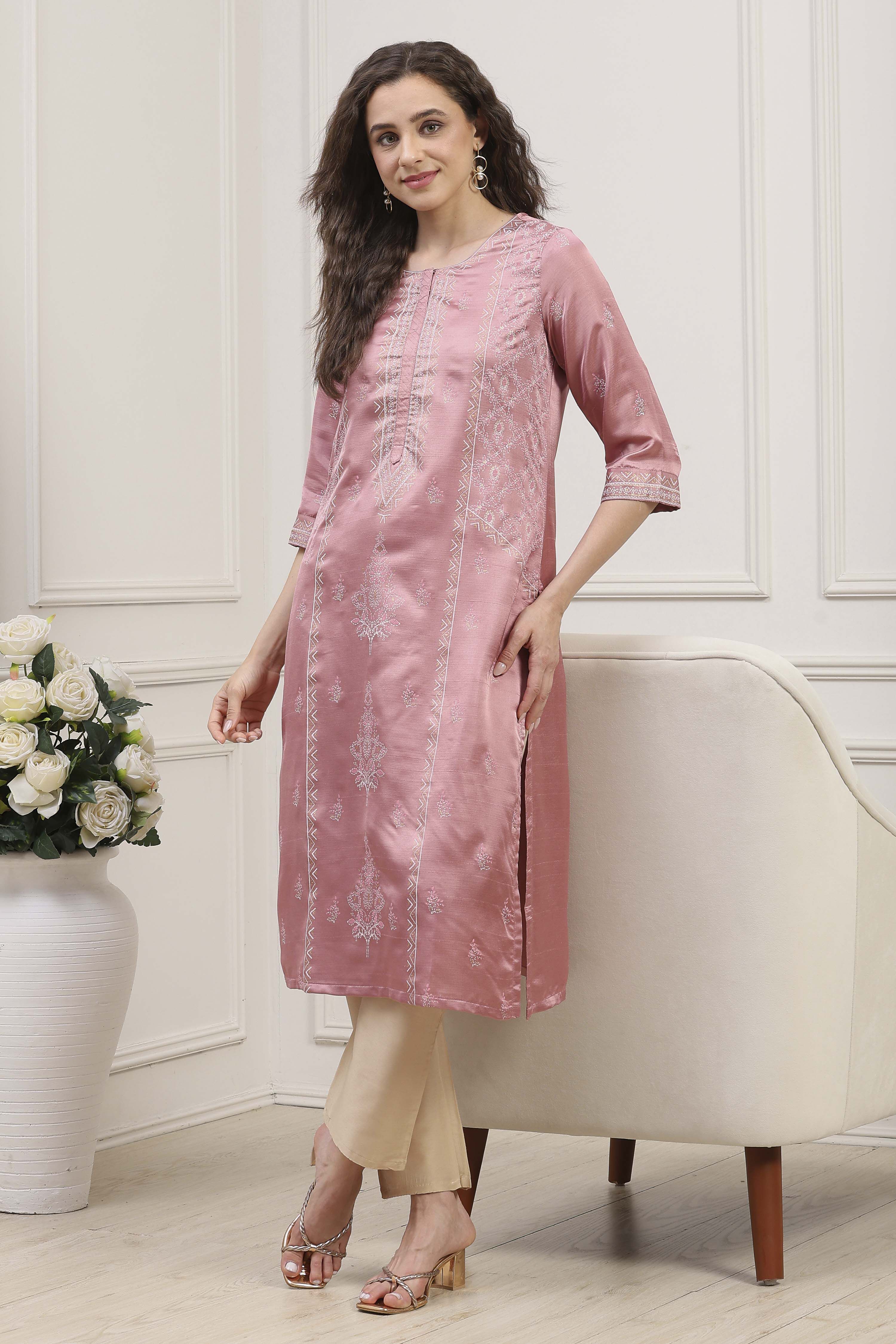 Dusty Pink Printed Straight Kurta image number 0