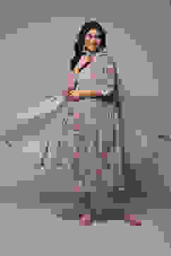 Dull Sea Blue Cotton Gathered Kurta Churidar Suit Set image number 0