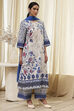 Off-White and Blue Cotton Straight Suit Set image number 5