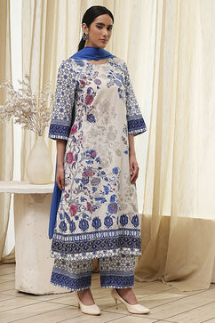 Off-White and Blue Cotton Straight Suit Set image number 5