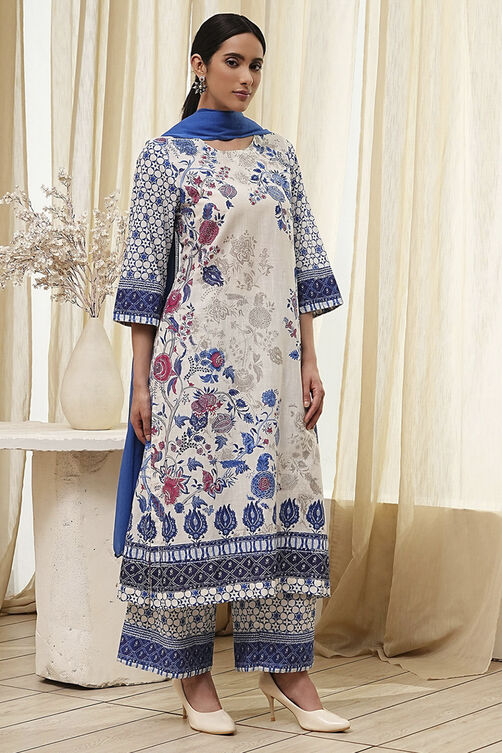 Off-White and Blue Cotton Straight Suit Set image number 5
