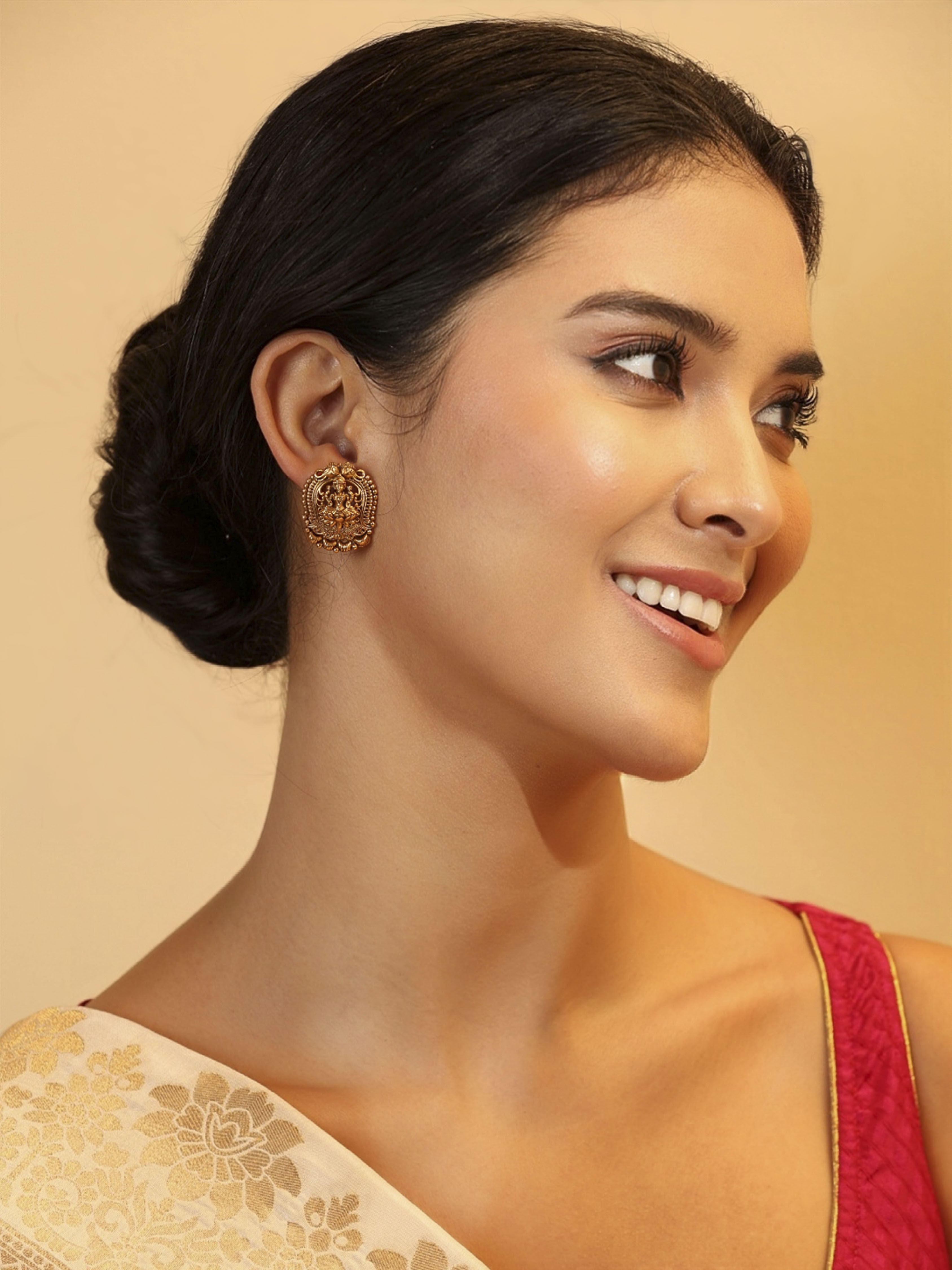 Gold Plated Brass Temple Stud Earrings image number 3