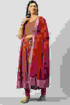 Cherry Red Cotton Anarkali Kurta Churidar Suit Set image number 5