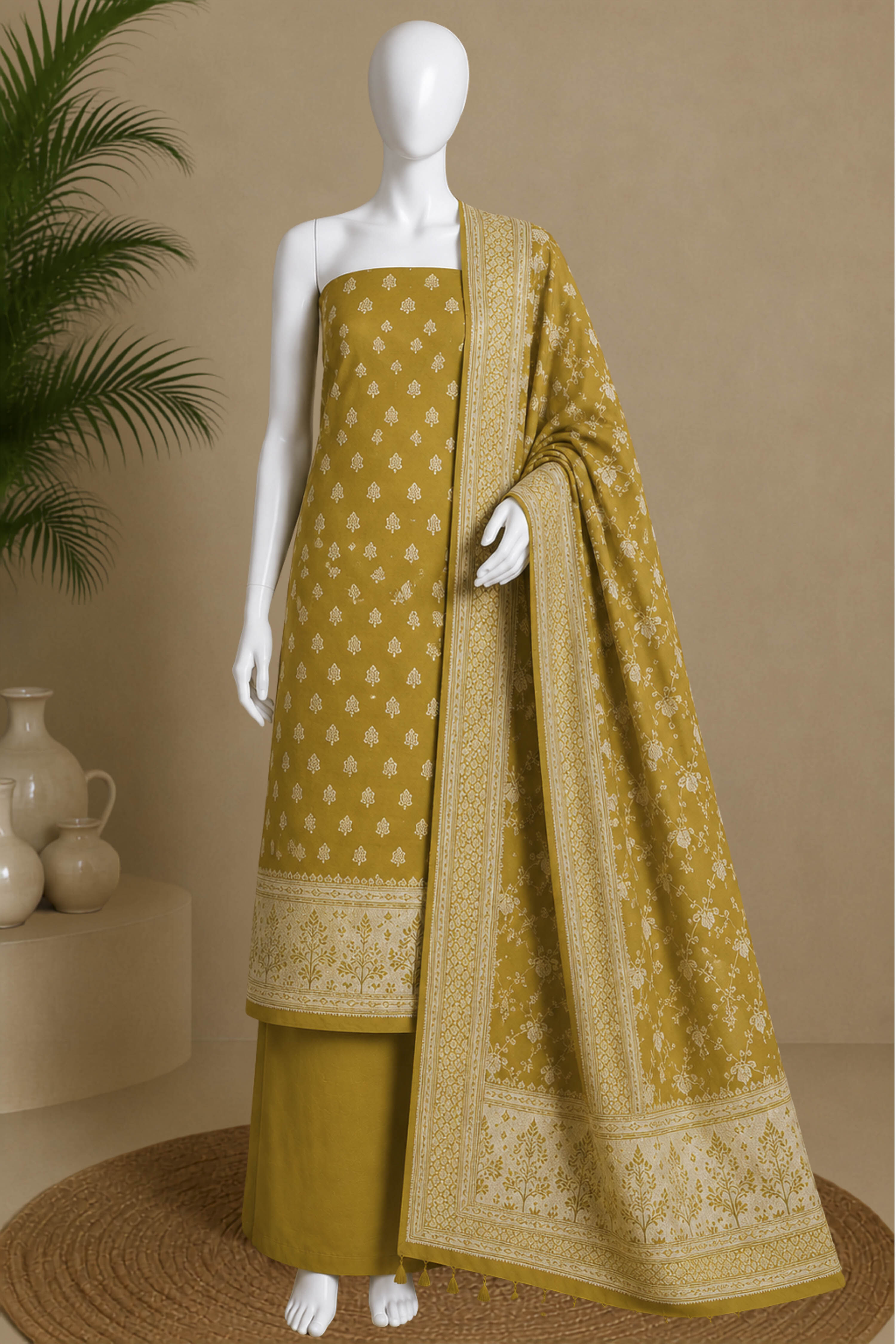 Mustard Jacquard Printed Unstitched Suit Set image number 5