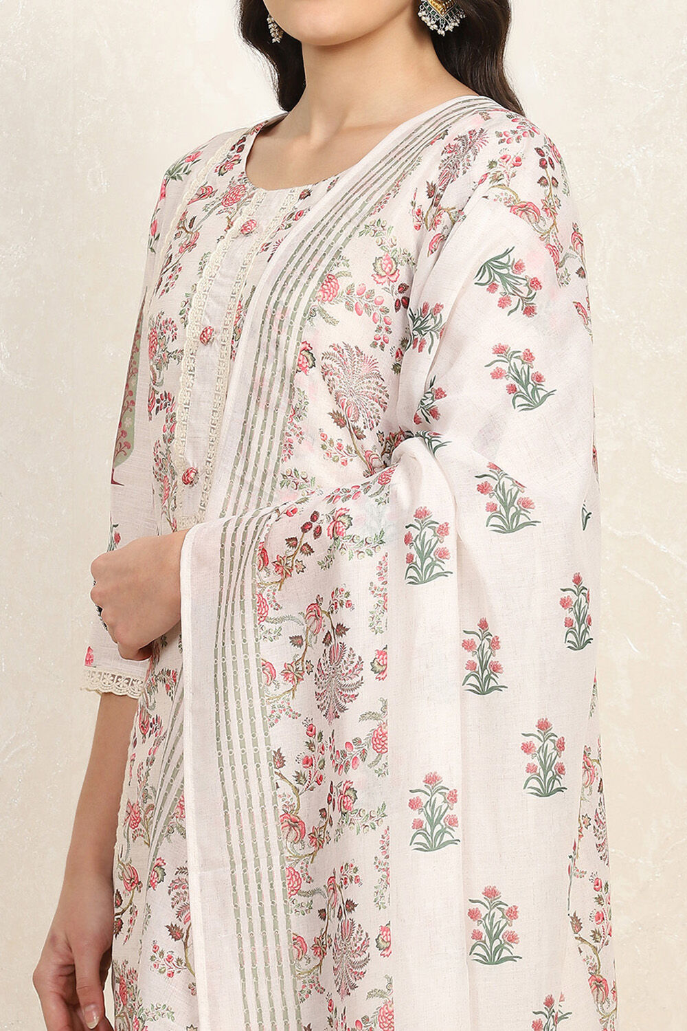 White and Red Cotton Embroidered Unstitched Suit Set image number 2