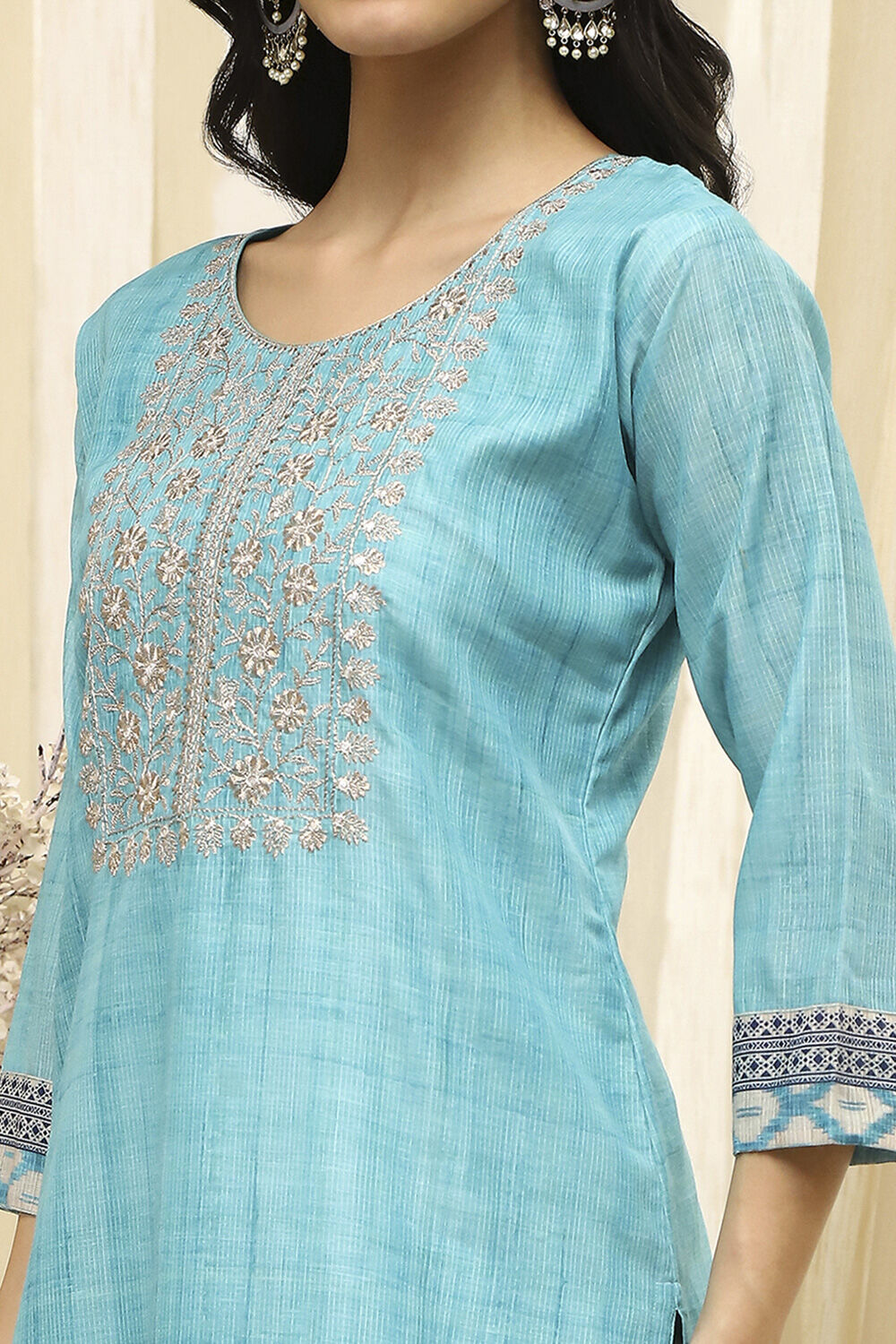 Teal Cotton Machine-Embroidered Unstitched Suit Set image number 2