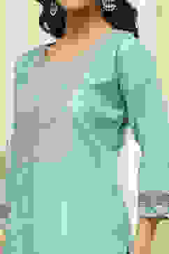 Teal Cotton Machine-Embroidered Unstitched Suit Set image number 2