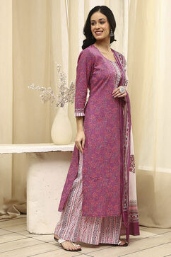 Purple Cotton Screen Print Unstitched Suit Set image number 5