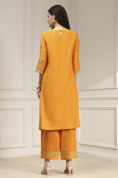 Orange Solid Straight Suit Set image number 4