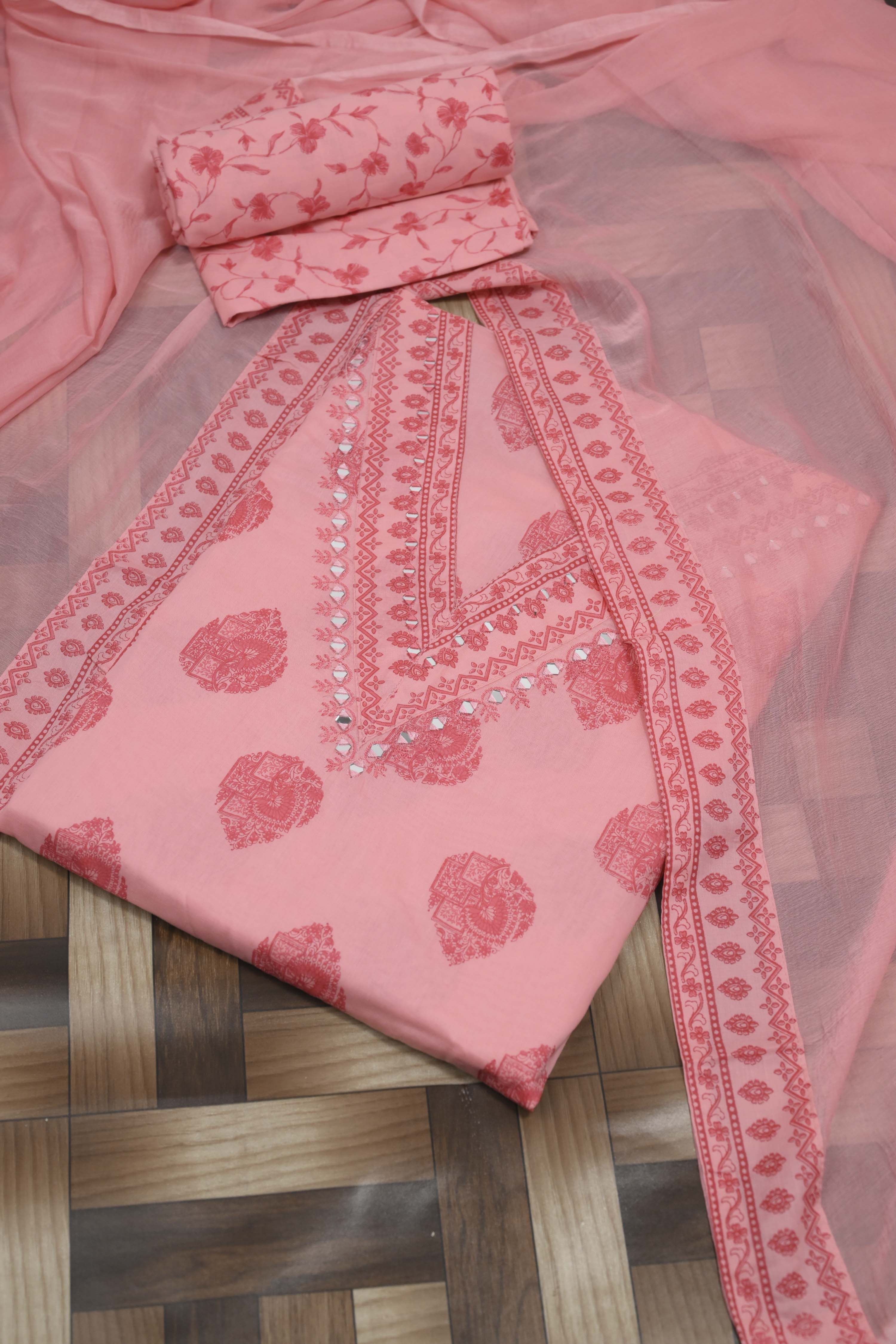 Peach Cotton Printed Unstitched Suit Set image number 0