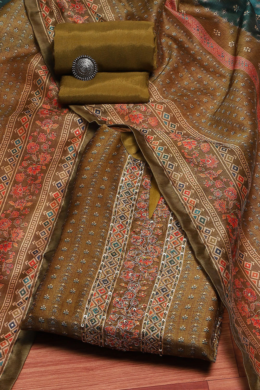 Blue Chanderi Floral Printed Unstitched Suit Set image number 0