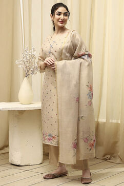 Beige Tissue Printed Unstitched Suit Set image number 1