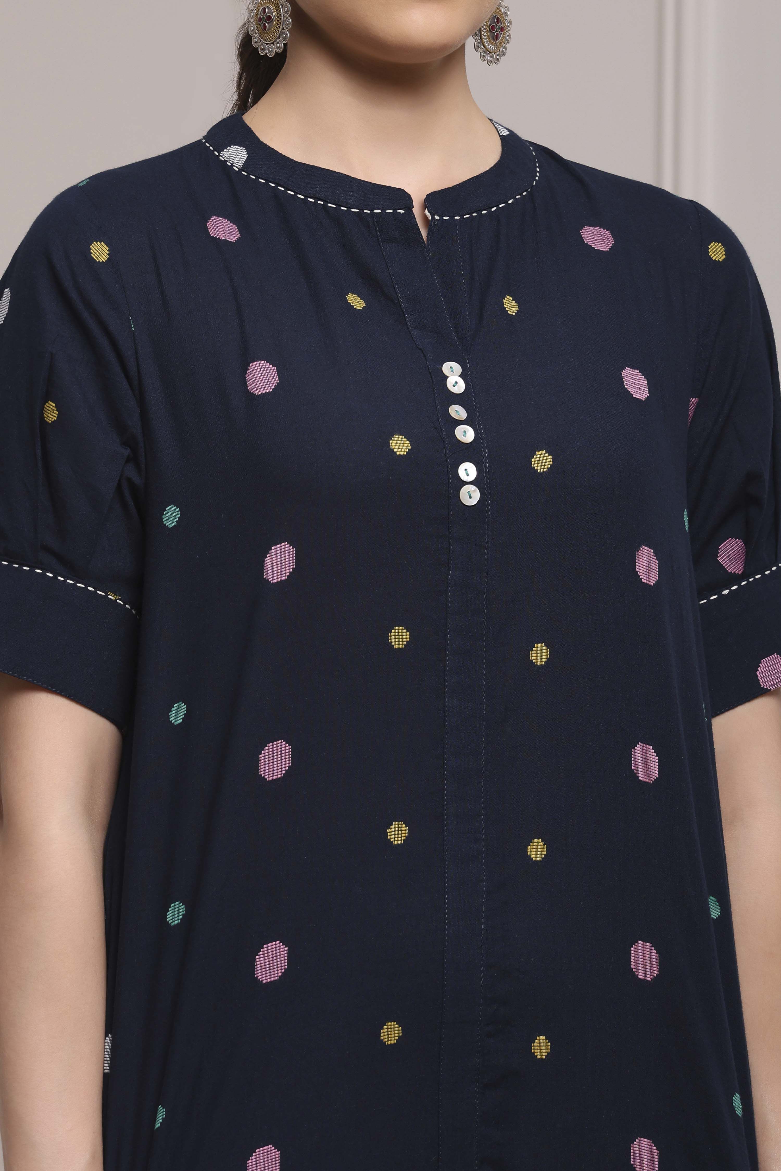 Navy Blue Cotton Printed Straight Kurta image number 1