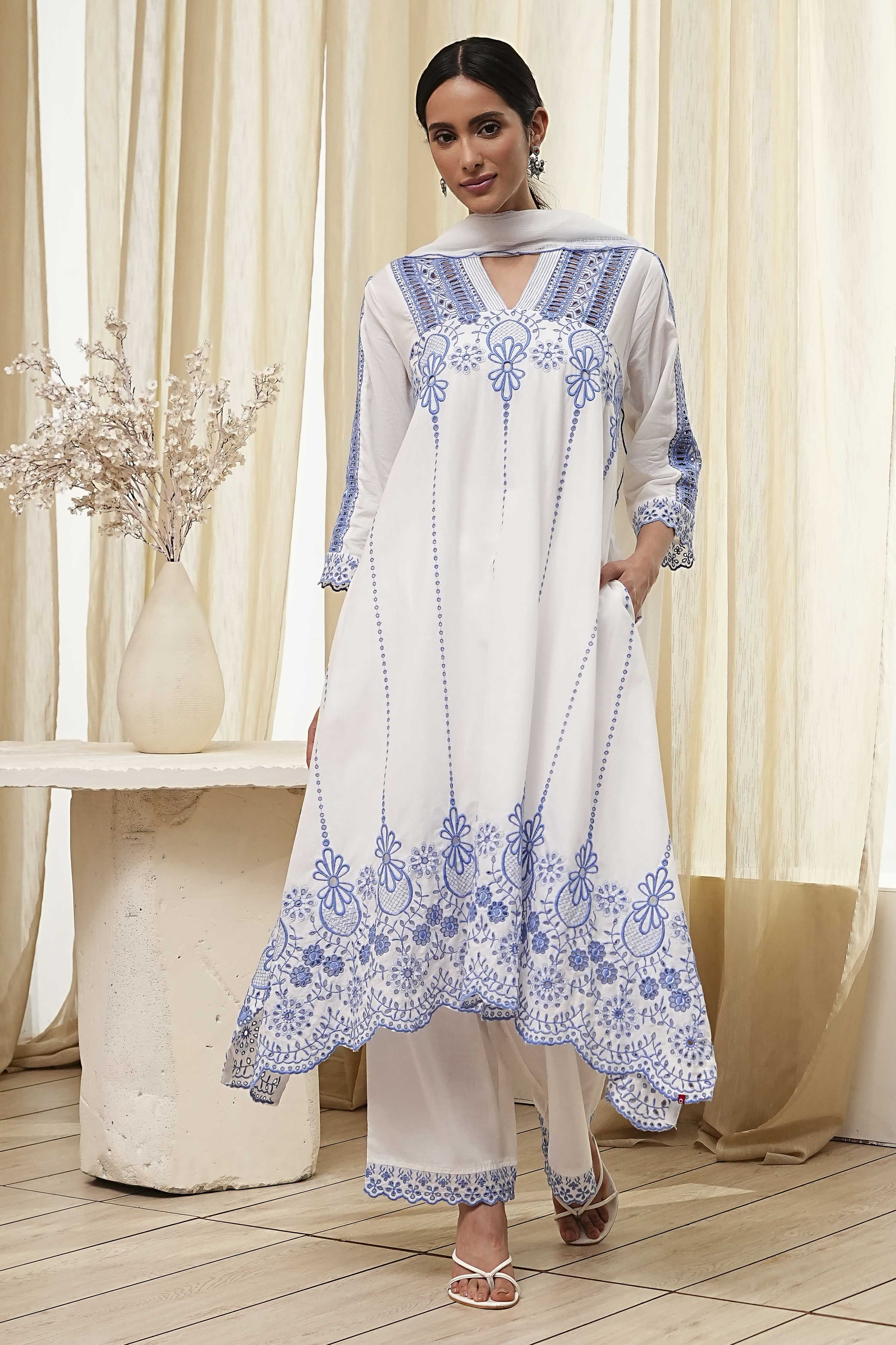 White and Blue Cotton Asymmetric Suit Set image number 0