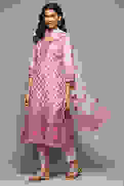 Peach Cotton Blend Straight Yarndyed Kurta Suit Set image number 0