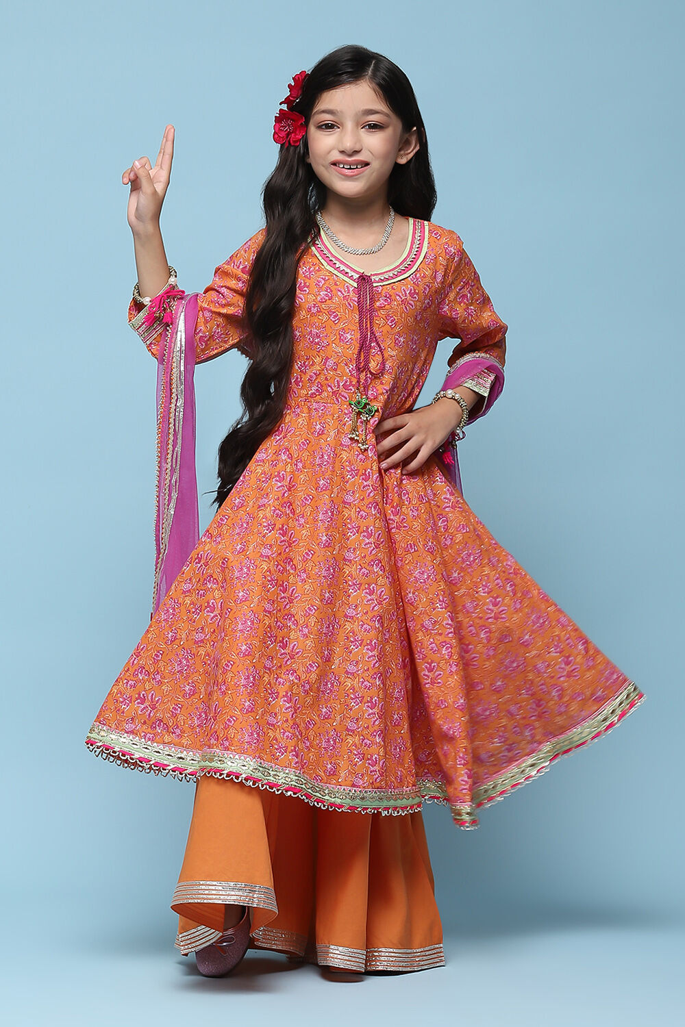 Orange Cotton Gathered Printed Suit Set image number 0