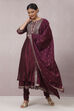 Wine Cotton Silk Flared Kurta Churidar Suit Set image number 6