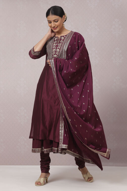 Wine Cotton Silk Flared Kurta Churidar Suit Set image number 6