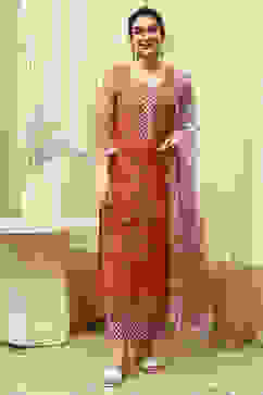 Coral Cotton Hand Block Print Unstitched Suit Set image number 8