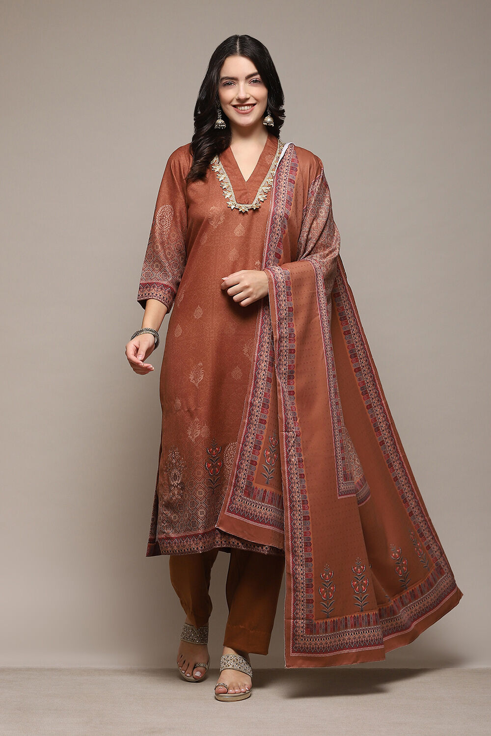 Orange Acrylic Unstitched Suit Set image number 8