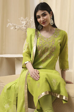 Mehendi Green Poly Chanderi Straight Suit Set image number 0