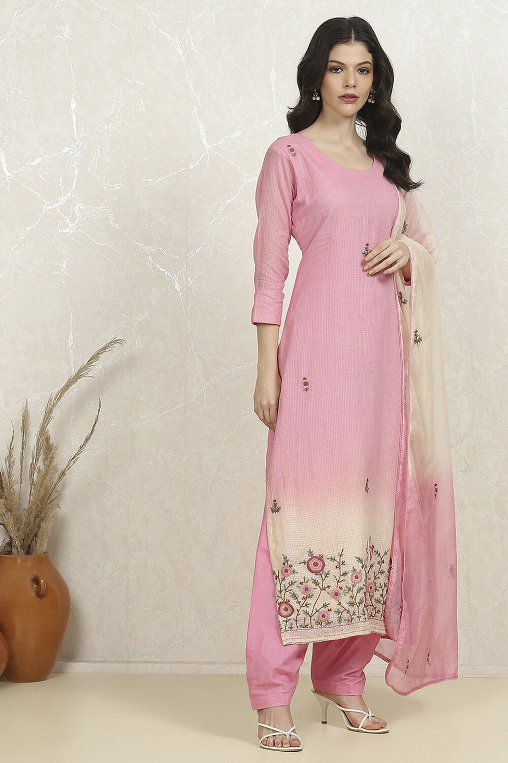Pink Cotton Hand Embroidered Unstitched Suit Set image number 6