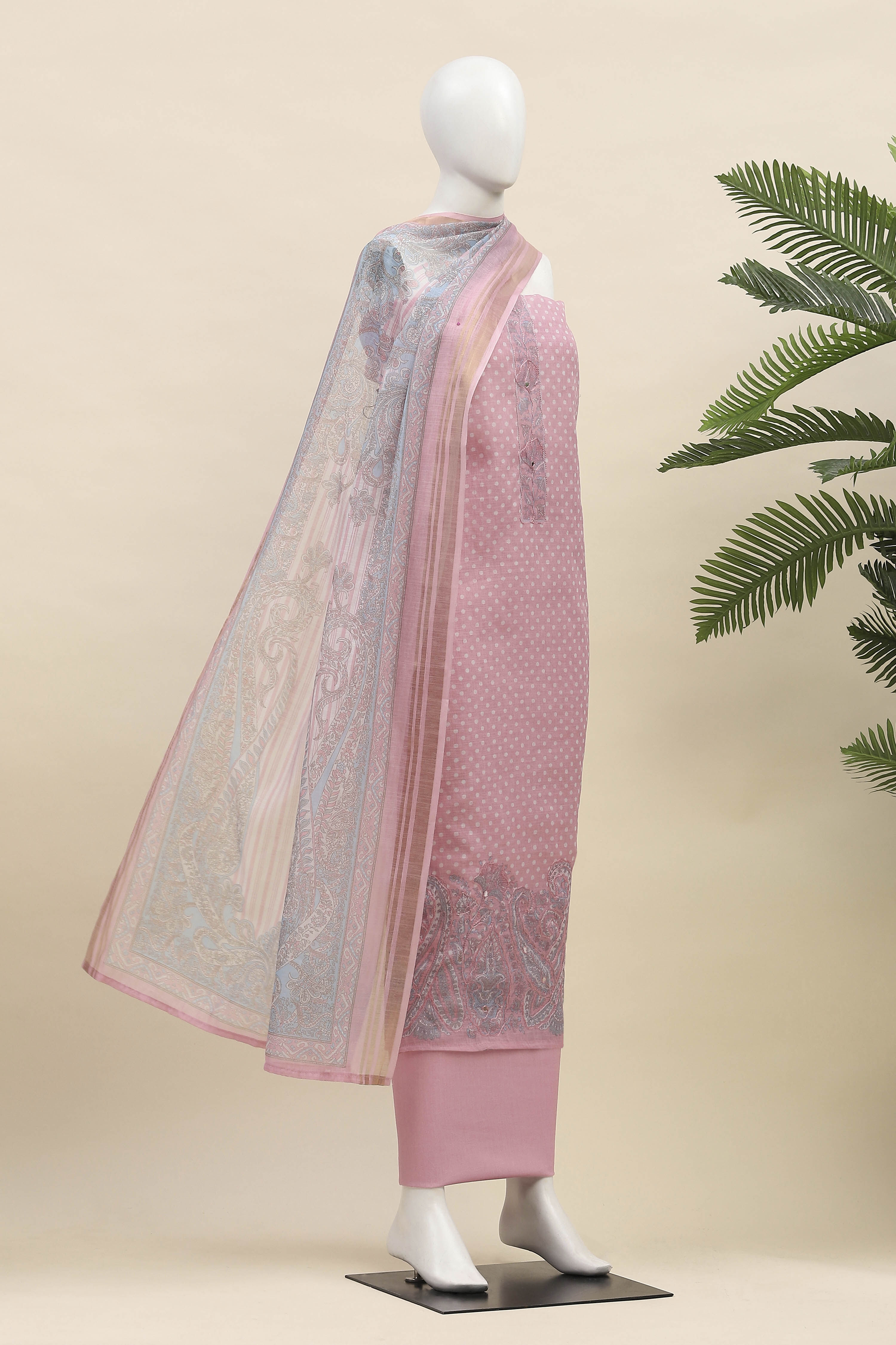 Pink Linen Unstitched Suit Set image number 4