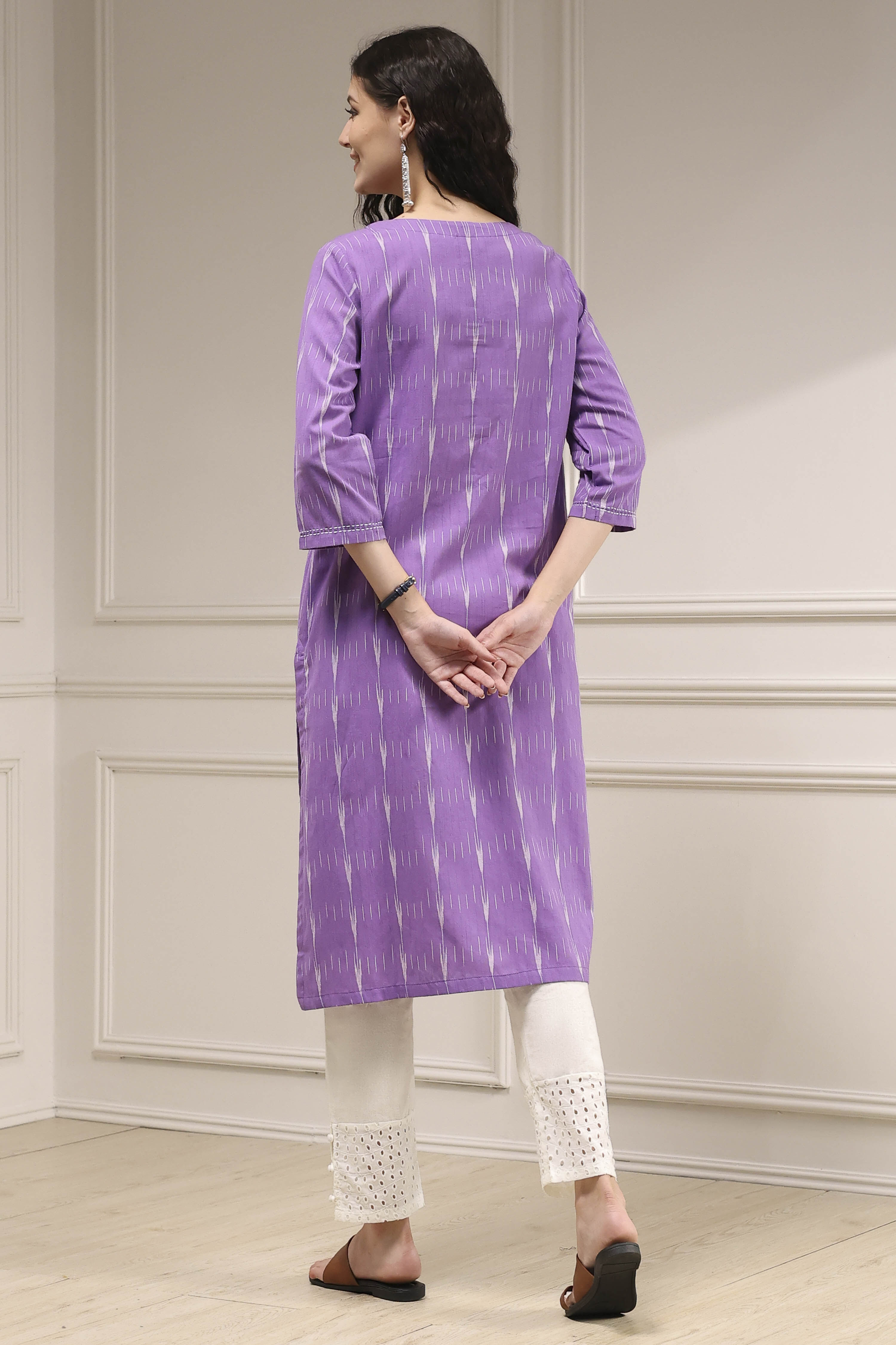 Purple Cotton Ikat Straight Kurta image number 3