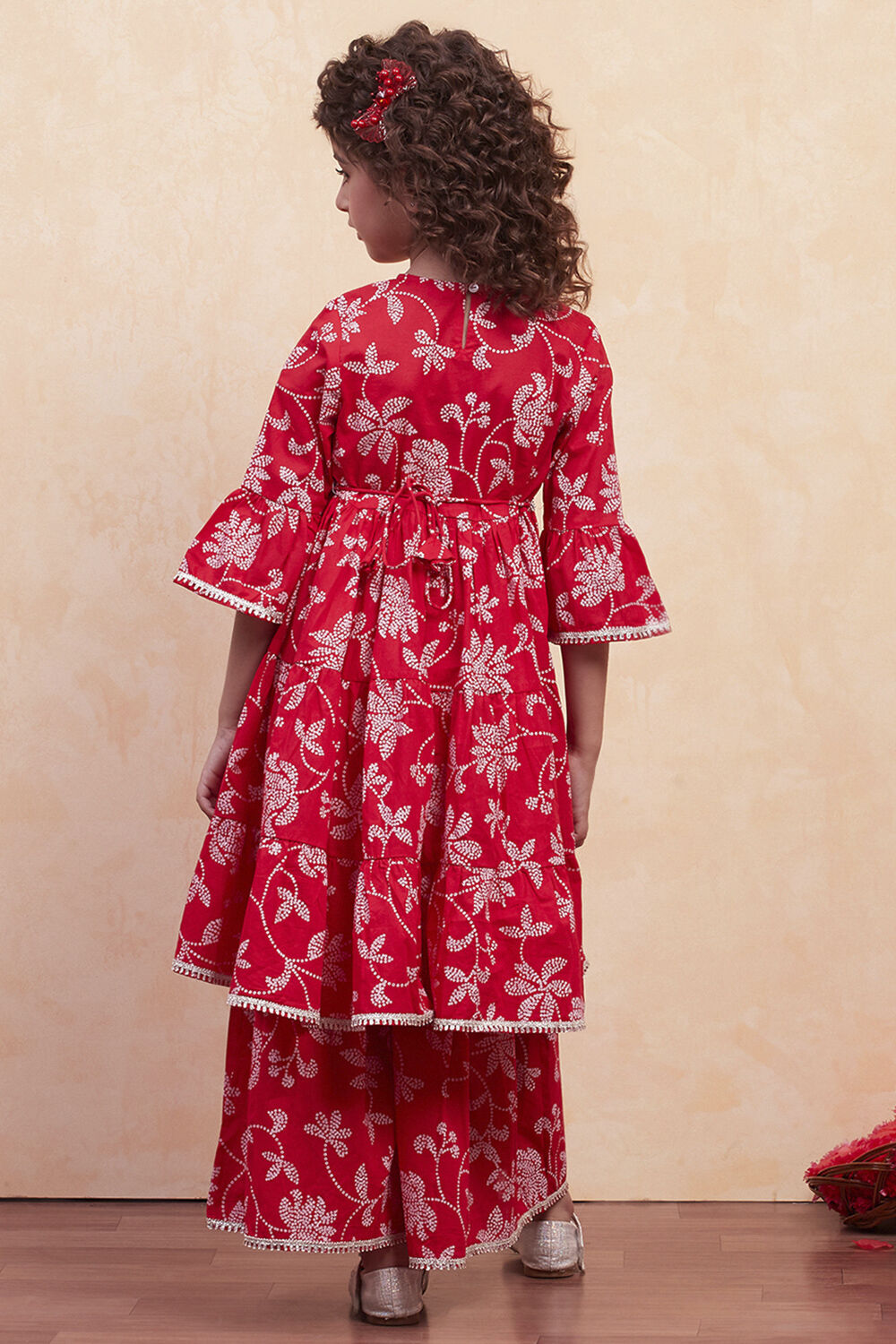 Red Cotton Printed Tiered Kurta Set image number 4
