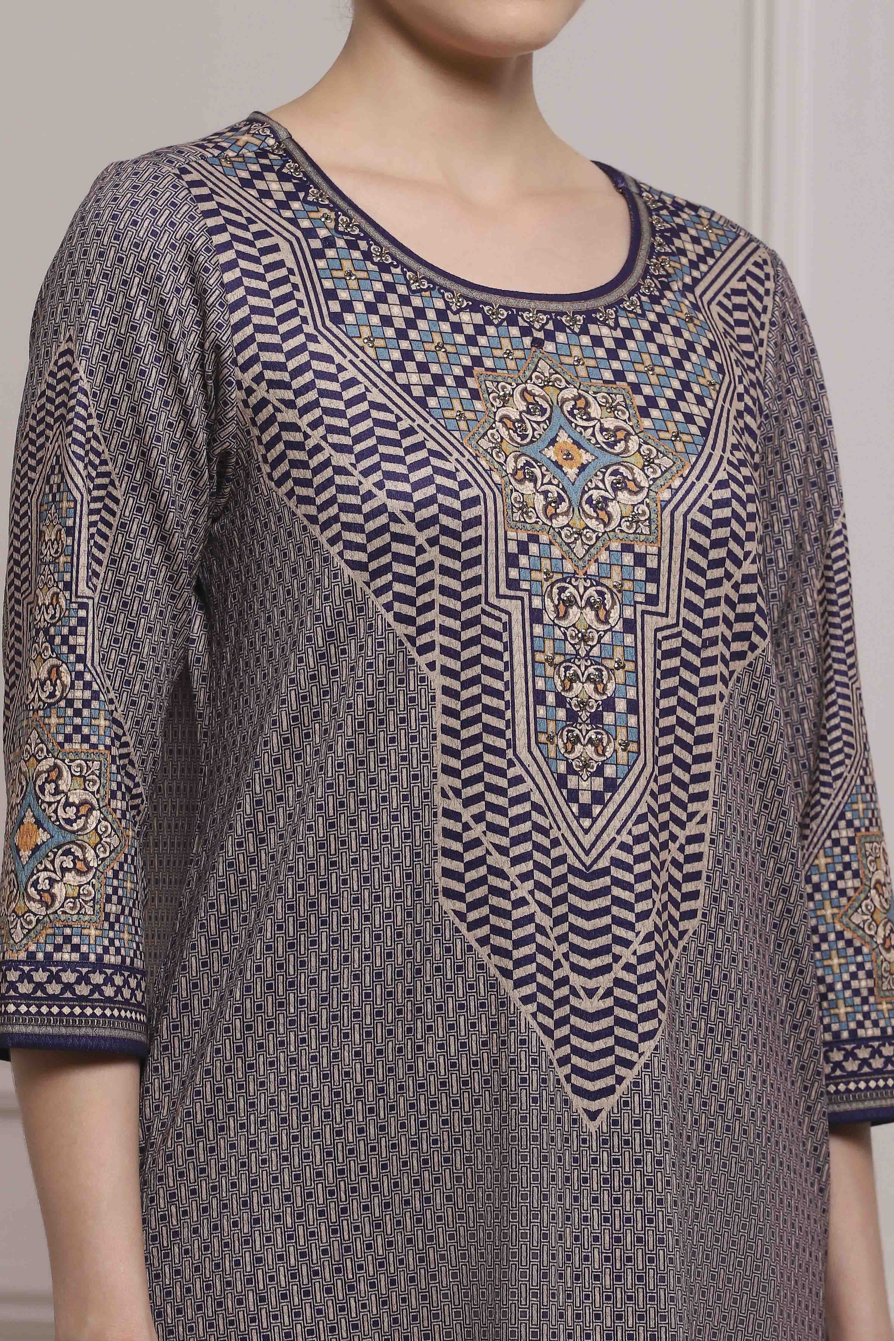 Blue Polyester Straight Printed Kurta image number 1