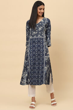 Navy LIVA A-Line Printed Kurta image number 0