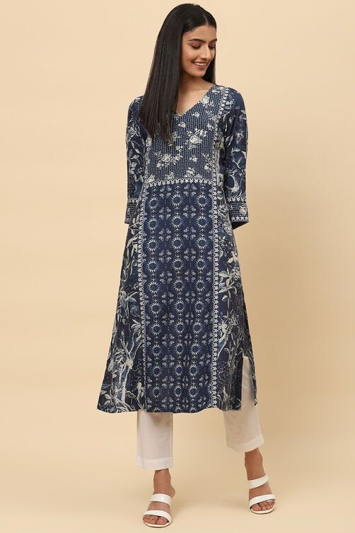 Navy LIVA A-Line Printed Kurta image number 0