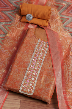 Orange Chanderi Unstitched Suit Set image number 0