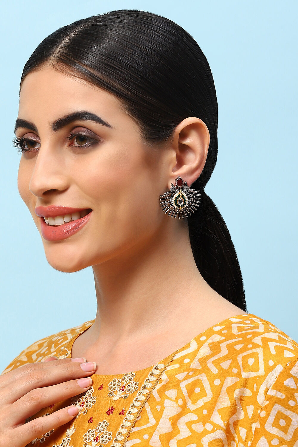 Oxidised Red & Green Brass Earrings image number 3