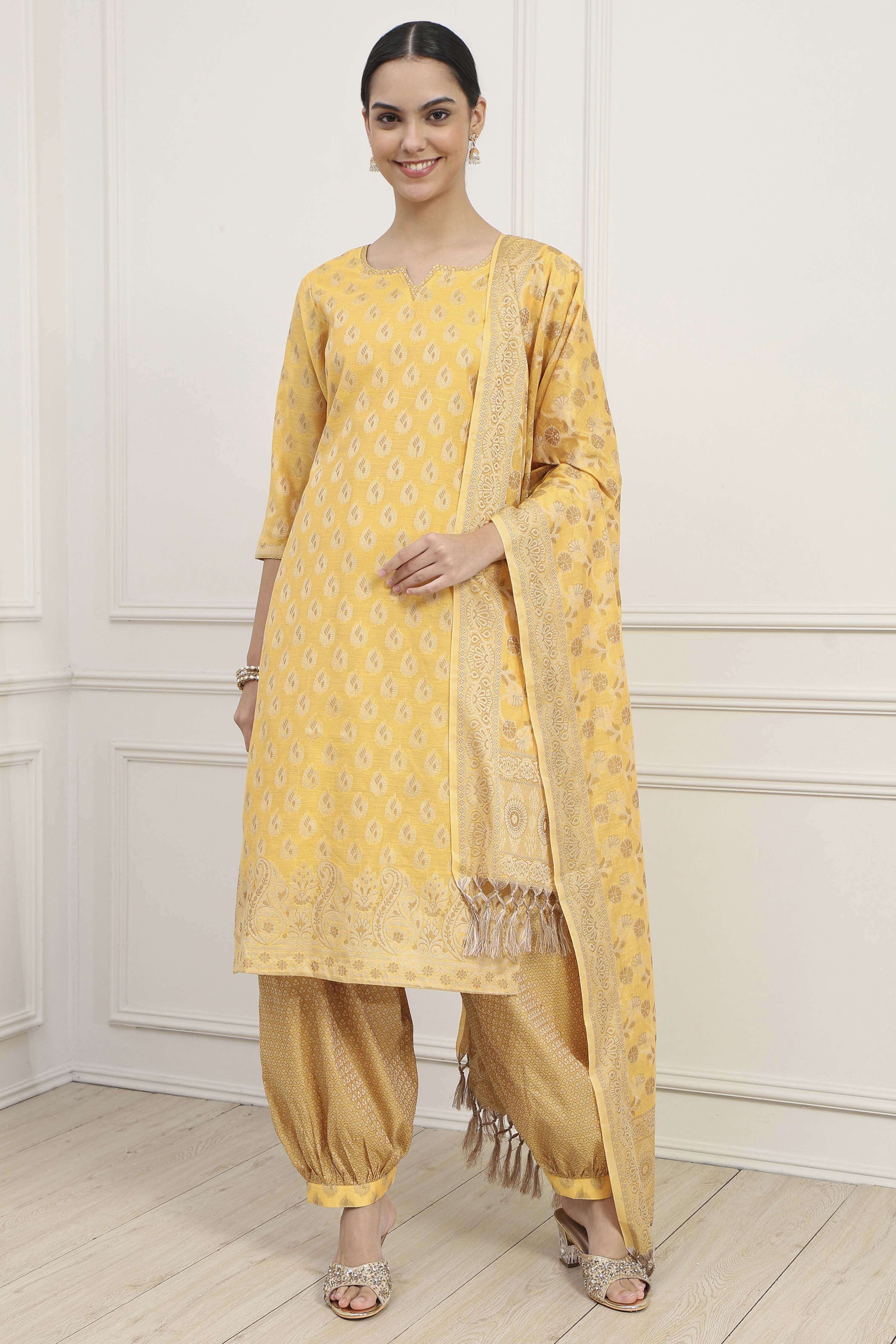 Mustard Chanderi Blend Brocade Unstitched Suit Set image number 1