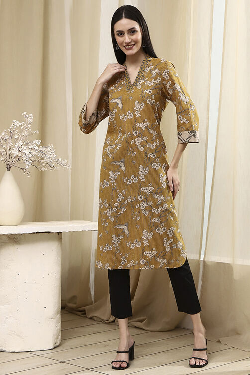 Mustard Yellow Cotton Printed Straight Kurta image number 2