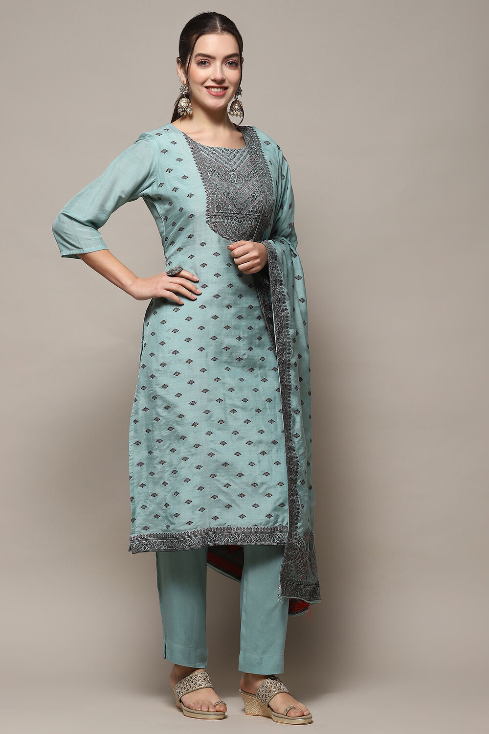 Sky Blue Chanderi Unstitched Suit Set image number 7