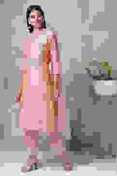 Blush Peach Cotton Blend A-Line Kurta Pant Suit Set image number 4