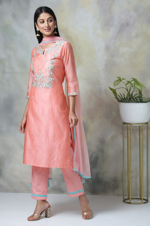 Yellow Cotton Blend A-Line Kurta Pants Suit Set image number 4