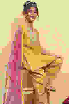 Yellow Cotton Dyed Straight Suit Set image number 0