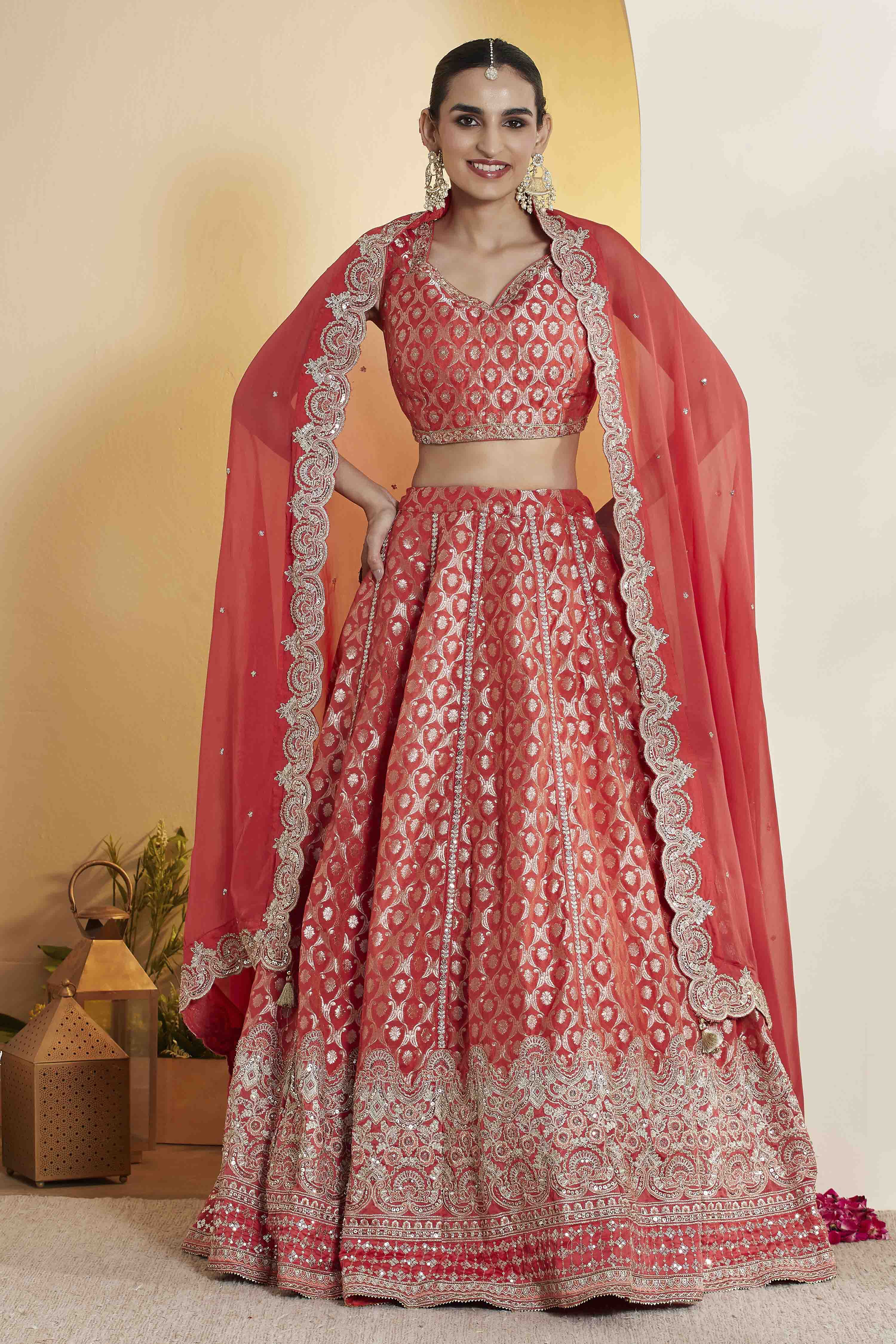 Coral Silk Kalidar Lehenga Set image number 1