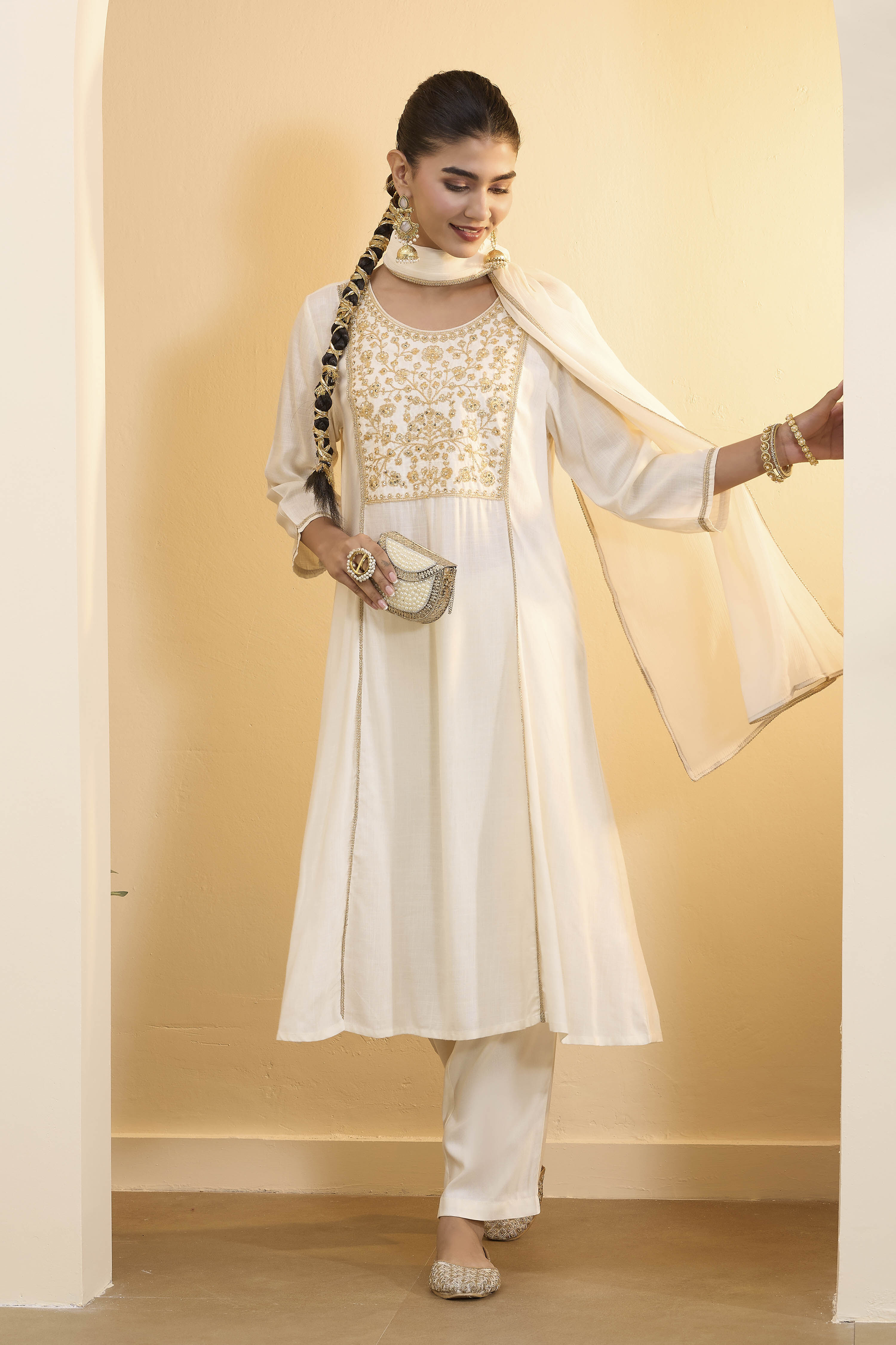 Off White Viscose Rayon Kalidar Suit Set image number 0
