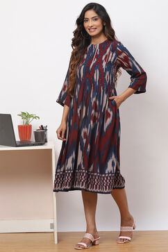 Navy Maroon LIVA Flared Printed Kurta Dress image number 2