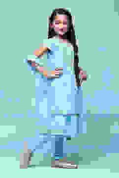 Powder Blue Polyester Straight Printed Suit Set image number 8