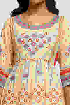 Ecru Cotton Geometric Printed Anarkali Suit Set image number 1