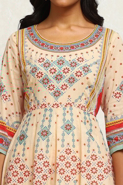 Ecru Cotton Geometric Printed Anarkali Suit Set image number 1